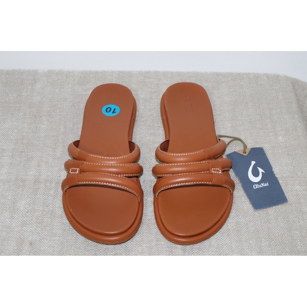OluKai Women's Leather Slide Sandals‎ Tan Size 10 Padded Straps Comfortable